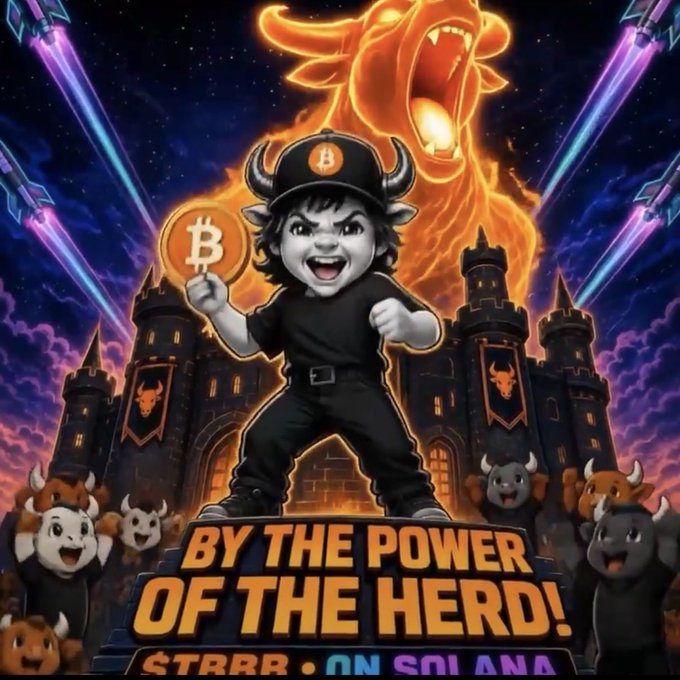 A cartoon character wearing a Bitcoin cap holds a glowing Bitcoin coin, standing before a fiery bull and castle with the text 'BY THE POWER OF THE HERD! STRRR ON SOLANA'.