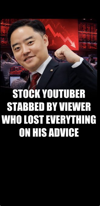 A YouTube thumbnail featuring an Asian man in a suit smiling confidently with a red downward-trending stock chart in the background, with bold white text reading 'STOCK YOUTUBER STABBED BY VIEWER WHO LOST EVERYTHING ON HIS ADVICE'.