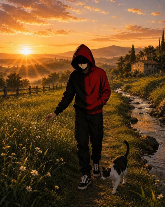 An anime-style illustration of a faceless figure in a red and black hoodie walking along a stream at sunset, accompanied by a black and white cat, with a farmhouse in the background.