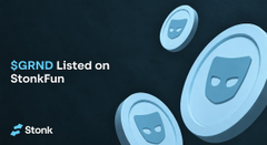 The image features the text "SGRND Listed on StonkFun" alongside several floating blue tokens with ghost-like faces, set against a dark background. It visually promotes the launch of $SGRND, a tokenized version of Grindr stock on the StonkFun platform, aligning with the post's mention of launch coins paired with $GRND.