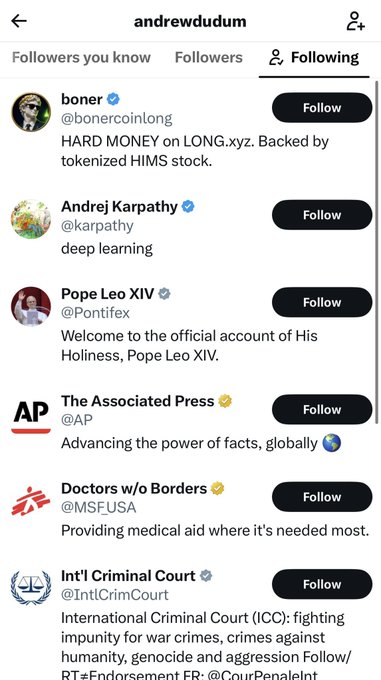 A Twitter/X following list for user 'andrewdum' showing accounts including boner (@bonercoinlong), Andrej Karpathy (@karpathy), Pope Leo XIV (@Pontifex), The Associated Press (@AP), Doctors w/o Borders (@MSFUSA), and Int'l Criminal Court (@IntlCrimCourt).