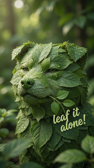 A creative illustration shows a tiger's face camouflaged within lush green leaves with water droplets, accompanied by the text 'leaf it alone!' written in a playful green font.