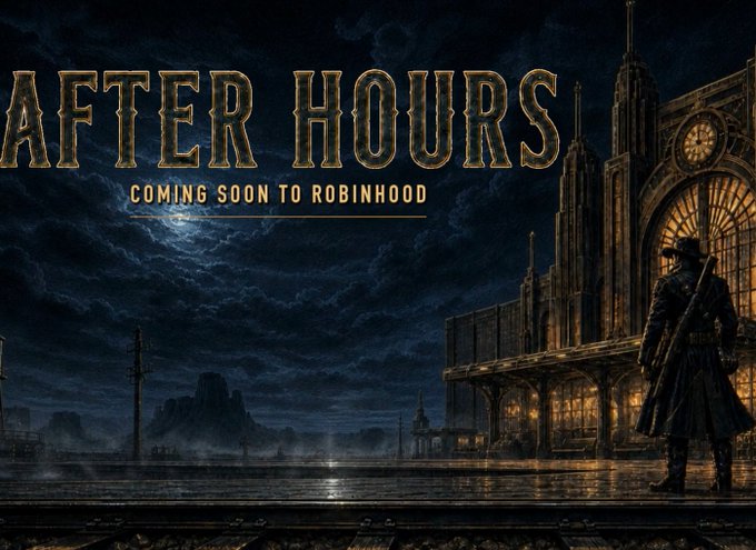 A promotional poster for 'AFTER HOURS' coming soon to Robinhood, featuring a moody, atmospheric illustration of a train station at night with a lone cowboy figure in the foreground.