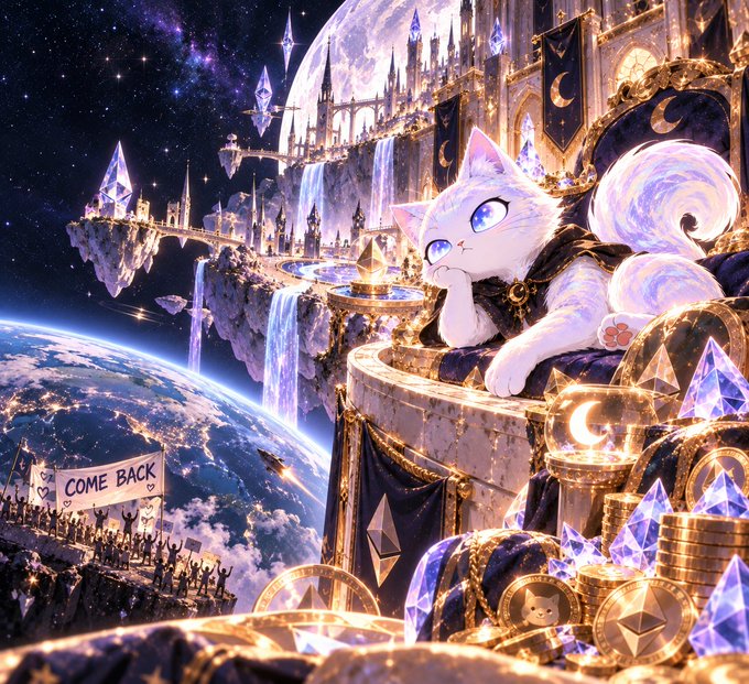 A fantasy illustration of a regal white cat with blue eyes lounging on an ornate throne surrounded by Ethereum logos, gold coins, and crystals, while a crowd holds a 'COME BACK' banner on a planet below.
