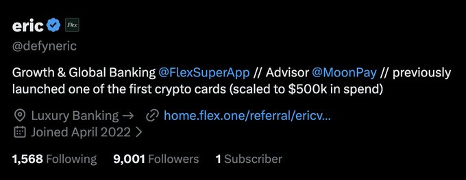 A Twitter/X profile for Eric (@defyneric) showing Growth & Global Banking at FlexSuperApp and Advisor at MoonPay, with 9,001 followers and 1,568 following. The accompanying post highlights that Eric is just under 10,000 followers, suggesting the devs should help boost his count to reach that milestone.