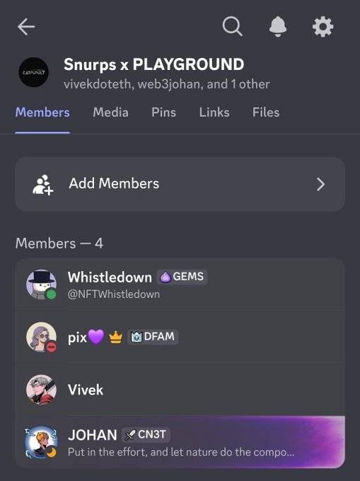 A mobile app screenshot of a group chat called "Snurps x PLAYGROUND" with 4 members including Whistledown (NFTWhistledown), pix, Vivek, and JOHAN (CN3T), showing options for Media, Pins, Links, and Files.