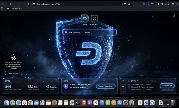 The image shows a screenshot of the Brave browser's new tab page, featuring its privacy shield logo, stats (844 trackers blocked, 23.3 MB bandwidth saved, 43 seconds time saved), and promotional sections for Brave News and Brave VPN. The post highlights this as a personal favorite browser project featuring Dashpay integration, aligning with the image's display of Brave's privacy-focused interface.
