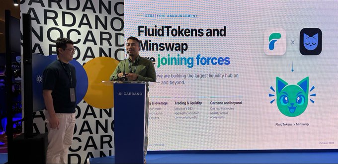 A Cardano blockchain conference showing a 'STRATEGIC ANNOUNCEMENT' slide titled 'FluidTokens and Minswap joining forces' to build the largest liquidity hub, with the presenter at a Cardano-branded podium.
