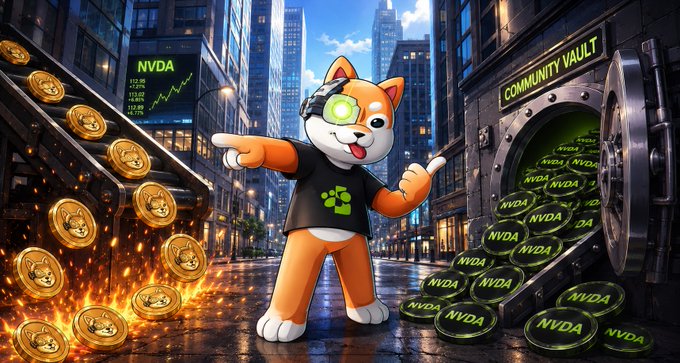 A digital illustration shows an anthropomorphic fox-like character wearing a headset standing in a futuristic city street, with a stock ticker displaying 'NVDA' and coins labeled 'NVDA' pouring from a 'COMMUNITY VAULT'.