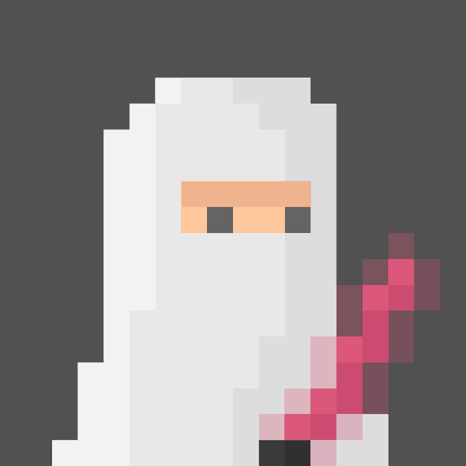 A pixel art rendering of a white-cloaked figure resembling a Nazgûl from Lord of the Rings, holding a pinkish-red sword.