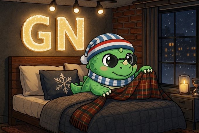 An illustration of a green dinosaur-like character wearing a striped nightcap and scarf tucked into bed, with illuminated 'GN' letters on the wall and a snowy window behind.