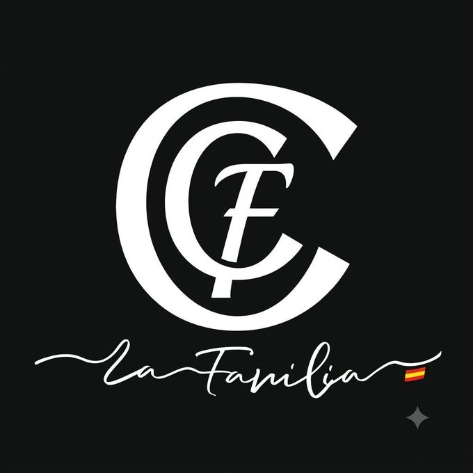 A black logo featuring an interlocking 'CF' monogram with the cursive text 'La Familia' underneath, accompanied by a small Spanish flag and a sparkle design.