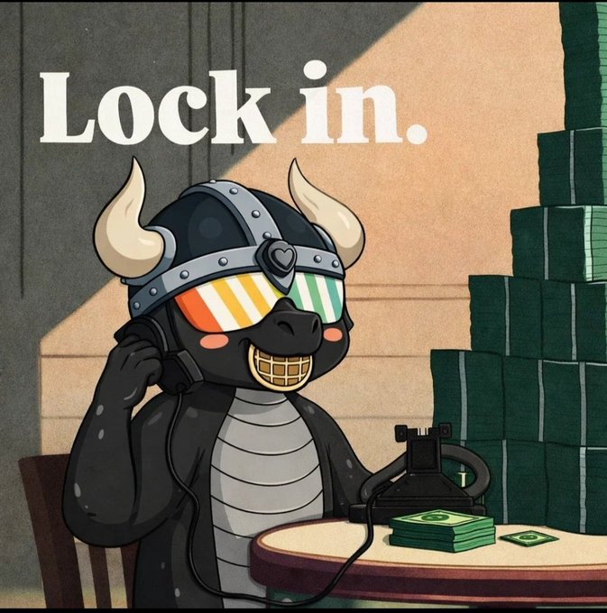 A cartoon black bull wearing a horned helmet and 3D glasses holds a phone receiver at a table stacked with cash, with the text 'Lock in.' displayed prominently.
