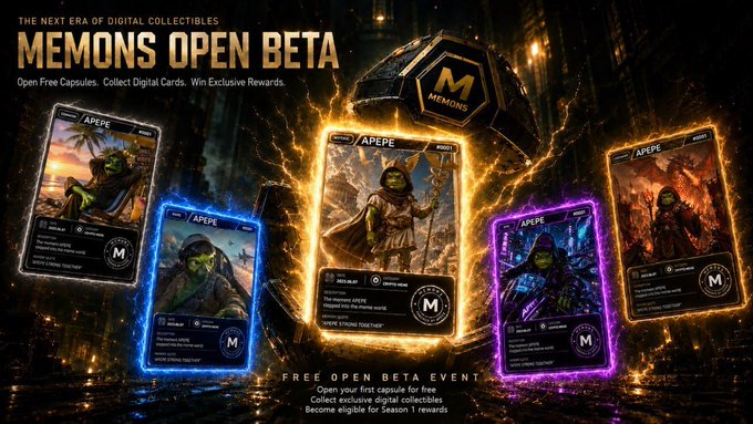 Promotional banner for the "MEMONS OPEN BETA" featuring five glowing digital collectible cards of the character "APEPE," advertising free capsules, exclusive digital cards, and rewards at apepe.io.