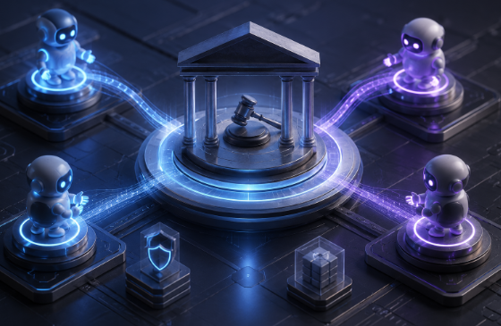 Digital illustration of a courtroom with a gavel under a Greek-style temple, surrounded by four robot figures on pedestals connected by glowing blue energy streams, suggesting AI governance or legal automation.