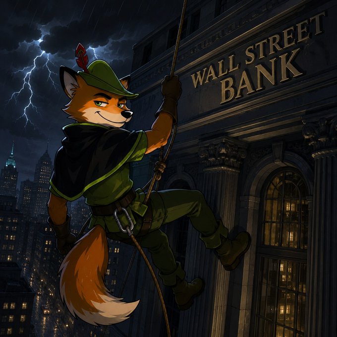A fox character dressed as Robin Hood rappels down the side of the "WALL STREET BANK" building during a stormy night. The image visually represents the idea of a "Robinhood" character as a fox ($fox) engaging with Wall Street, aligning with the text that celebrates a $FOX recovery.