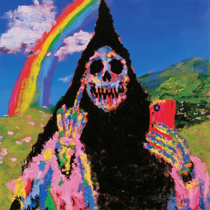 A vibrant, expressionist-style painting depicts a black hooded figure with a colorful skull face in a rainbow field, with a bright rainbow arcing across the blue sky.