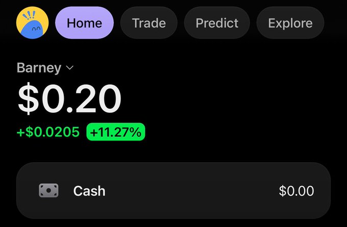 A financial app screen shows a portfolio named 'Barney' valued at $0.20, up +$0.0205 (+11.27%), with $0.00 cash and navigation tabs for Home, Trade, Predict, and Explore.