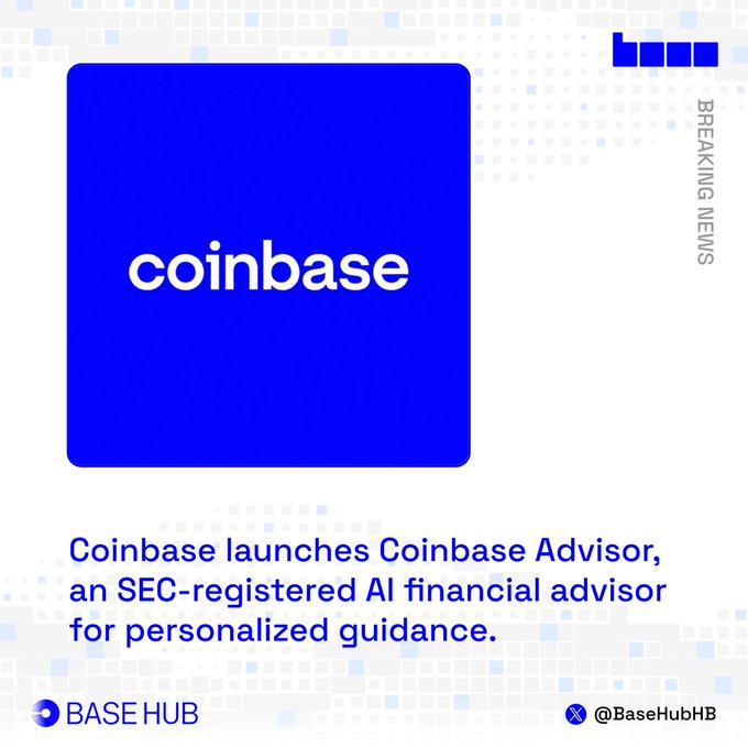 The image features a blue square with white text that reads "coinbase". Below this, there are two lines of text providing information about Coinbase's new product or service. The first line states that coinbase launched coins for SEC-registered AI financial advisor, while the second line explains that it is an AI financial advice platform designed to personalize guidance based on individual preferences and risk tolerance.