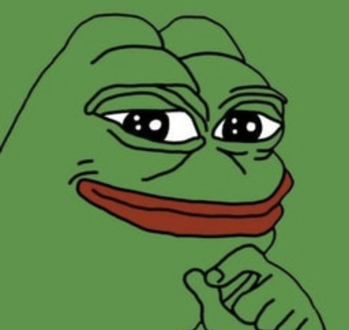 A cartoon illustration of Pepe the Frog with a smug expression against a green background.