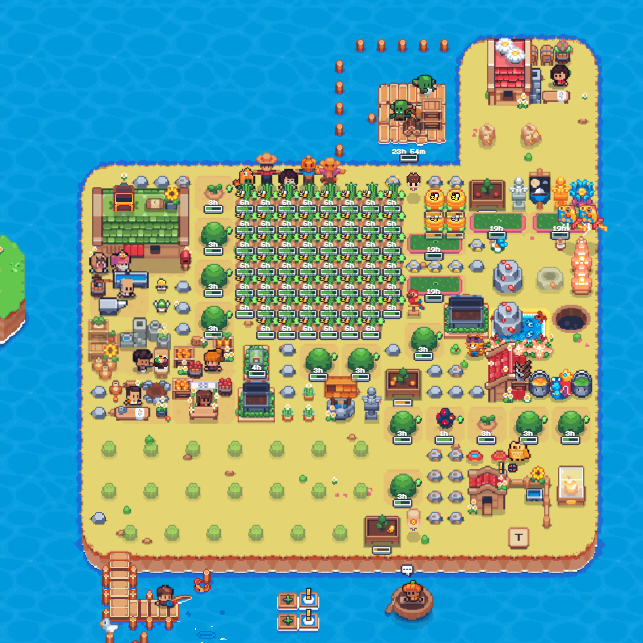 A pixel art farming simulation game screen showing an island with cultivated crops, buildings, characters, and various structures arranged across the sandy terrain surrounded by blue water.