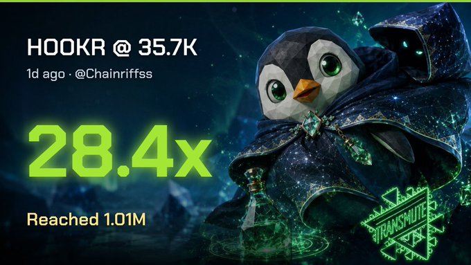Promotional graphic for 'HOOKR @ 35.7K' by @Chainriffsss showing a 28.4x gain reaching 1.01M, featuring a cloaked penguin character with glowing green eyes next to the Transmute logo.