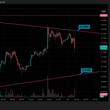 A trading chart showing USDT price movement with a descending triangle pattern, highlighting key price levels at 0.7964 (resistance) and 0.7048 (support).