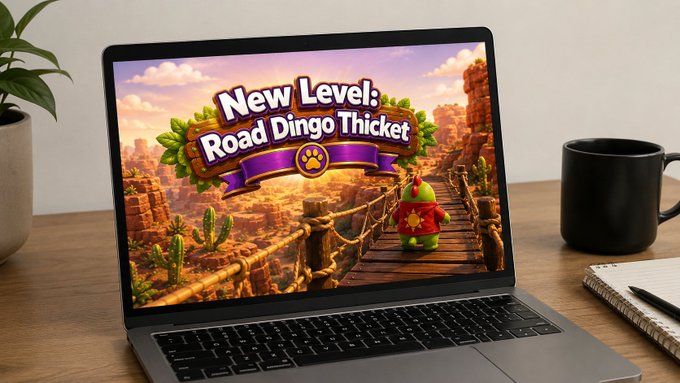 A laptop on a wooden desk displays a video game screen announcing 'New Level: Road Dingo Thicket' with a cactus character on a wooden bridge, accompanied by a black coffee mug and a small potted plant.
