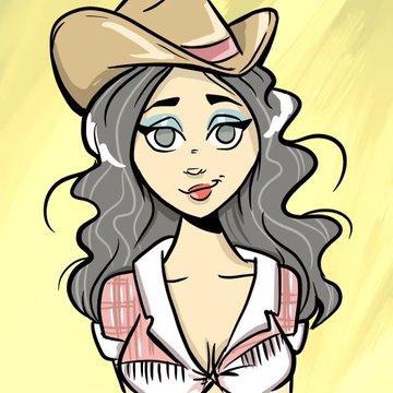 A cartoon-style illustration of a woman with long wavy gray hair wearing a tan cowboy hat and a pink plaid shirt with a white vest against a yellow background.