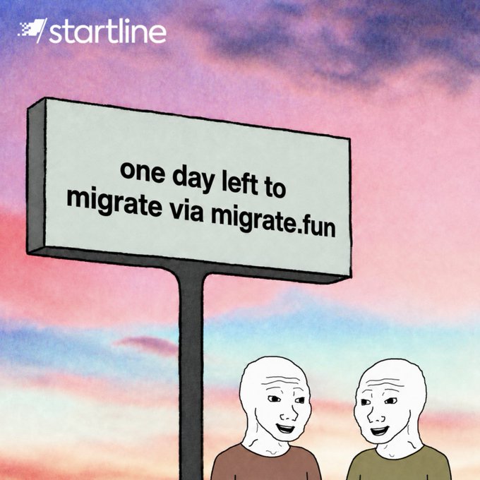 A 'wojak' style meme with two characters looking up at a billboard reading 'one day left to migrate via migrate.fun' against a sunset sky.