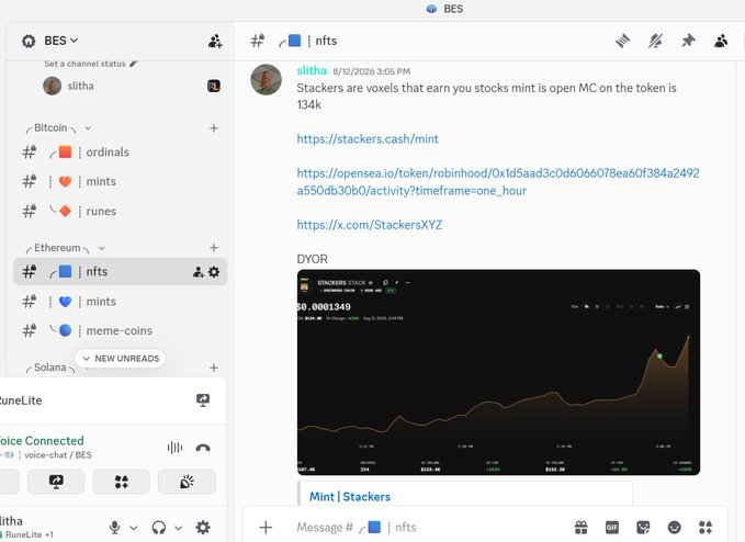 A Discord chat in the "nfts" channel under the BES server shows a message from "slitha" promoting "Stackers" as a pixel-based project earning stock tokens via MC on the token, with a market cap of 134k and links to stackers.cash/mint, an OpenSea token page, and X.com/StackersXYZ, alongside a DYOR price chart. The post ties into the user's promotion of Stackers as fresh technology with community-building potential tied to $PONS, inviting others to their Discord for alpha.