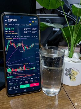 A smartphone displaying the TradingView app with a candlestick chart showing BTC/USDT at $591.76, placed on a wooden surface next to a glass of water with bubbles and a potted green plant.