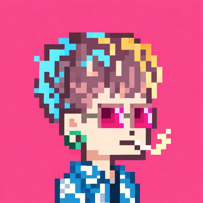 A pixel art illustration of a character with pink sunglasses, a green earring, a cigarette in their mouth, and spiky brown hair with blue and yellow highlights, set against a bright pink background.