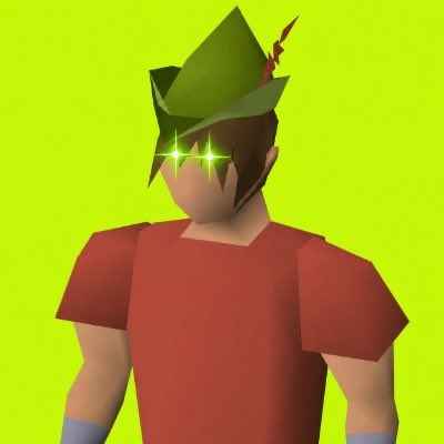 A 3D-rendered character with glowing green star-shaped eyes, a pointed hat, and a red shirt stands against a bright green background.