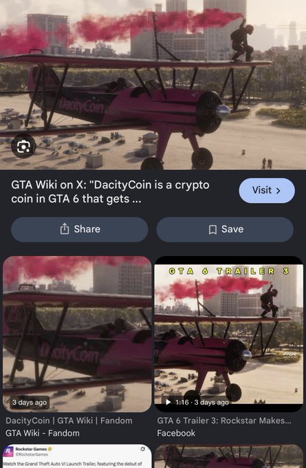 The image shows search results for "DacityCoin," featuring screenshots from the GTA 6 trailer depicting a pink biplane with "DacityCoin.com" branding and red smoke in the background. The accompanying post describes the user buying the "DacityCoin" ticker based on its prominent placement in GTA 6 promotional materials and coverage by GTA news sites and Fandom wikis, treating the in-game currency as a real investment opportunity despite it being fictional content.