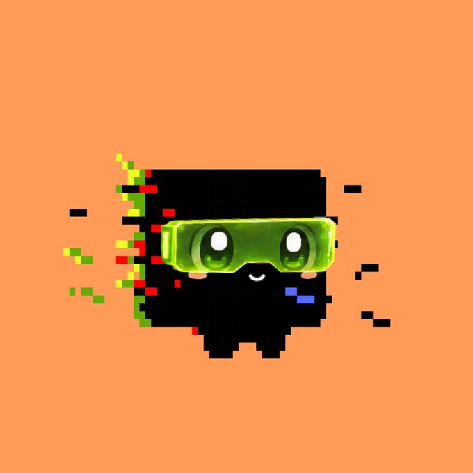 A pixelated black glitchy character with big green digital goggles and a cute smile floats against an orange background with scattered green, red, and black glitch pixels, perfectly matching the "Glrtch" NFT artwork described as cute and visually distinct.