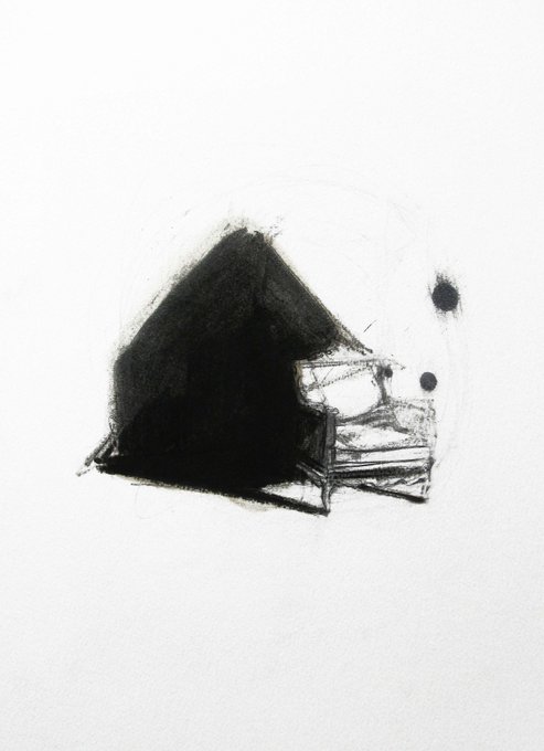 A minimalist sketch or ink drawing of a dark, tent-like or barn-like structure on a white background with a few small dots.