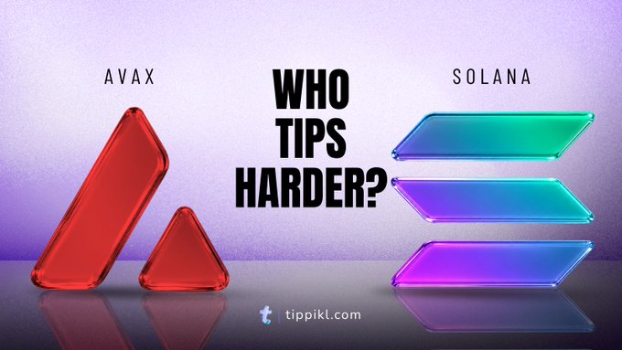 A promotional graphic titled 'WHO TIPS HARDER?' comparing AVAX (represented by red glass triangles) and Solana (represented by blue/purple glass bars), with the website tippikl.com at the bottom.