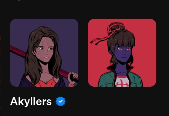 An illustration of two female characters in a style profile layout, with the username 'Akyllers' and a verified blue badge below the left image.