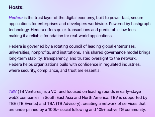 Text describing hosts: 'Hedera is the trust layer of the digital economy...' and 'TBV (TB Ventures) is a VC fund focused on leading rounds in early-stage web3 companies in South East Asia and North America.'