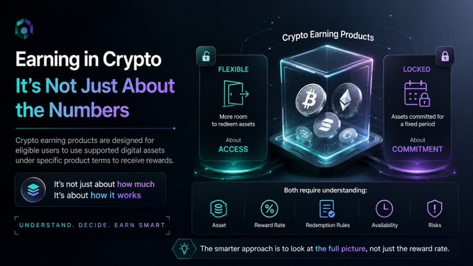 The image, titled "Earn in Crypto: It's Not Just About the Numbers," illustrates two categories of crypto earning products—Flexible (emphasizing easier access to assets) and Locked (emphasizing commitment for a fixed period)—featuring icons of cryptocurrencies like Bitcoin (BTC), Ethereum (ETH), and Solana (SOL), alongside key factors to understand: Asset, Reward Rate, Redemption Rules, Availability, and Risks.

This visual reinforces the post's message by highlighting that crypto earning products are not just about chasing high returns, but about understanding the full picture—including flexibility, commitment, and associated risks—before using digital assets under specific product terms.
