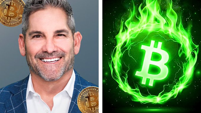 A promotional image showing a smiling man in a blue checkered jacket on the left and a green flaming Bitcoin logo on the right, with smaller Bitcoin coins in the corners.