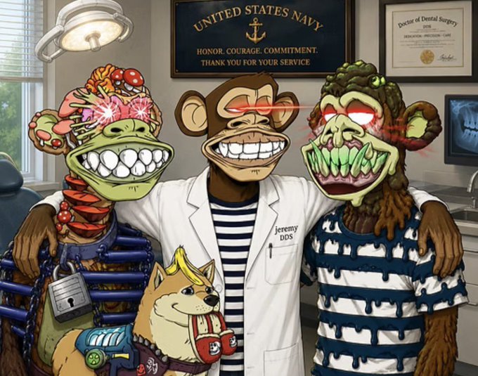 The image features a group of cartoon monkeys wearing funny masks, posing for a picture with a man dressed as a dentist. The man has a white coat and a stethoscope around his neck, indicating that he is a dental professional. One of the monkeys is holding a toothbrush in its hand, adding to the humorous atmosphere created by their costumes. The post includes text that reads "FULL SET, BIG SMILE » Former Naval Dentist And @BoredApeYC Member @jeremyapes Completes His Laser Eyed Ape’s Full Set ... Read more below:".