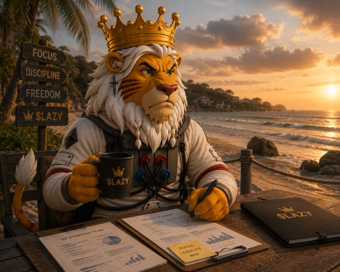 A digital artwork of an anthropomorphic lion wearing a crown and tactical vest, sitting at a beach table with documents labeled 'Q2 STRATEGY PLAN' and 'FOCUS + EXECUTE WIN', alongside a mug and notebook branded '$LAZY'.