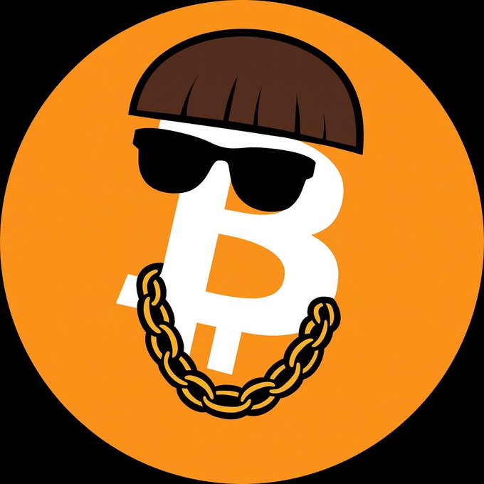 A graphic logo featuring a Bitcoin symbol ('B') wearing sunglasses and a brown cap/afro hairstyle, with a gold chain, set against an orange circular background.