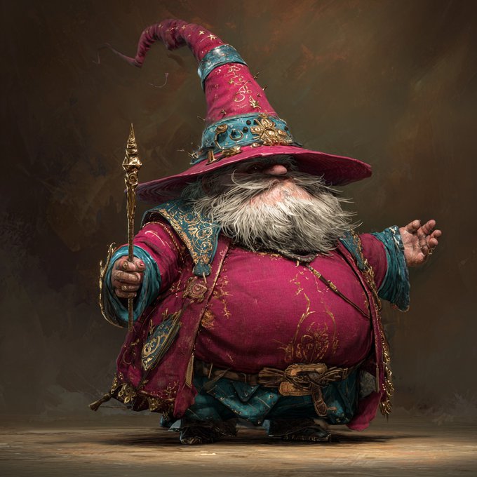A fantasy illustration depicts a stout wizard with a white beard, wearing an ornate red and teal pointed hat and robes, holding a golden staff.