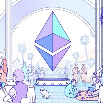 A whimsical illustration depicts a large Ethereum (ETH) logo in pastel blue and purple, surrounded by people in a bright, arched hall with palm trees visible outside, while a small white cat sits prominently in the foreground at the base of the logo—mirroring the discovery that a cat appears in Ethereum's official website artwork beneath the ETH logo, fueling speculation about the $ETHCAT token pairing with Ethereum on OTC.