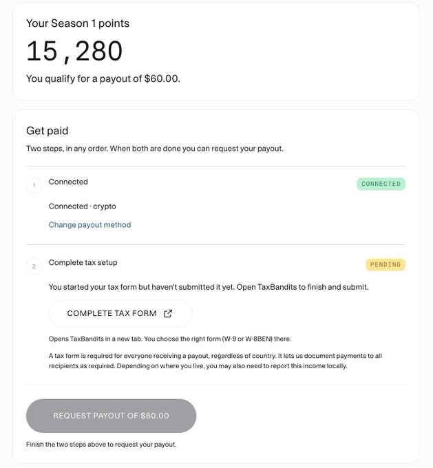 A payout dashboard showing 'Your Season 1 points 15,280' qualifying for a payout of $60.00, with a connected crypto payout method and pending tax setup via TaxBandits.