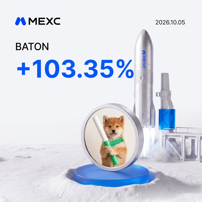 A promotional image dated 2026.10.05 shows the MEXC logo and ticker "BATON" with a +103.35% gain, featuring a Shiba Inu dog inside a coin next to a launching MEXC-branded rocket—visually reinforcing the post's message of BATON "mooning" upward.