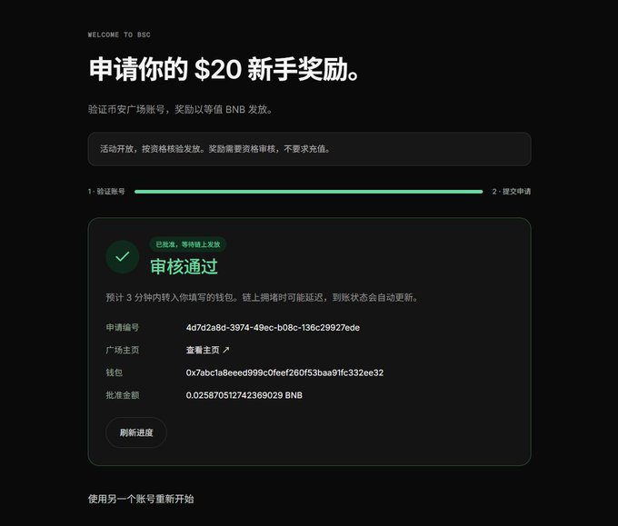 A cryptocurrency exchange webpage displays a successful approval for a '$20 newbie reward', showing a transaction of 0.025870512742369029 BNB.